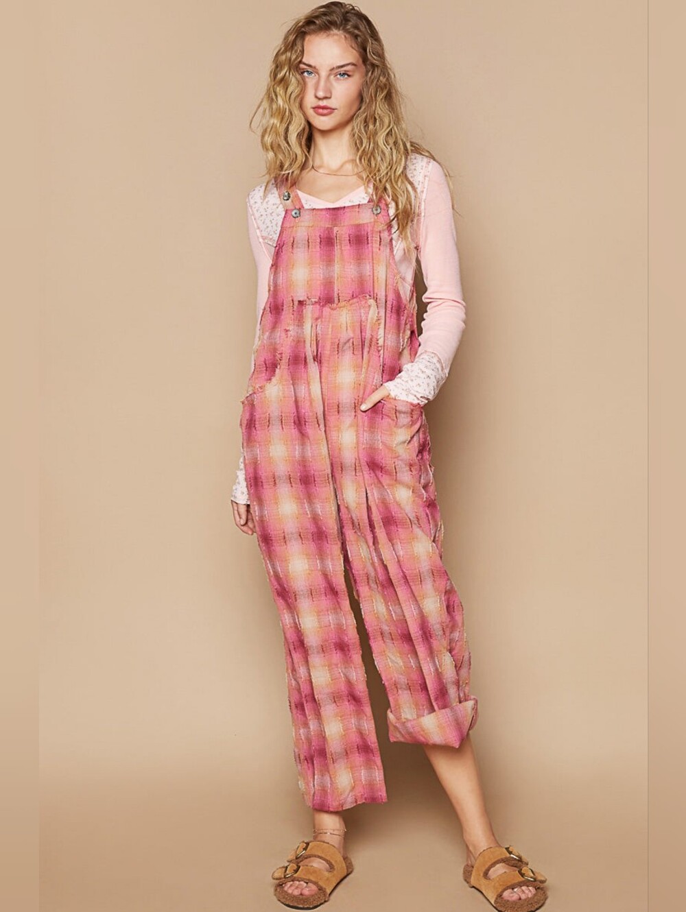 Pink Plaid Lightweight Overalls Jumper